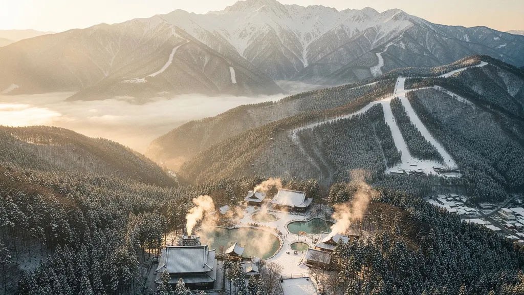 Vue panoramique des Alpes japonaises de Nagano en hiver avec stations de ski, sources chaudes et temples traditionnels