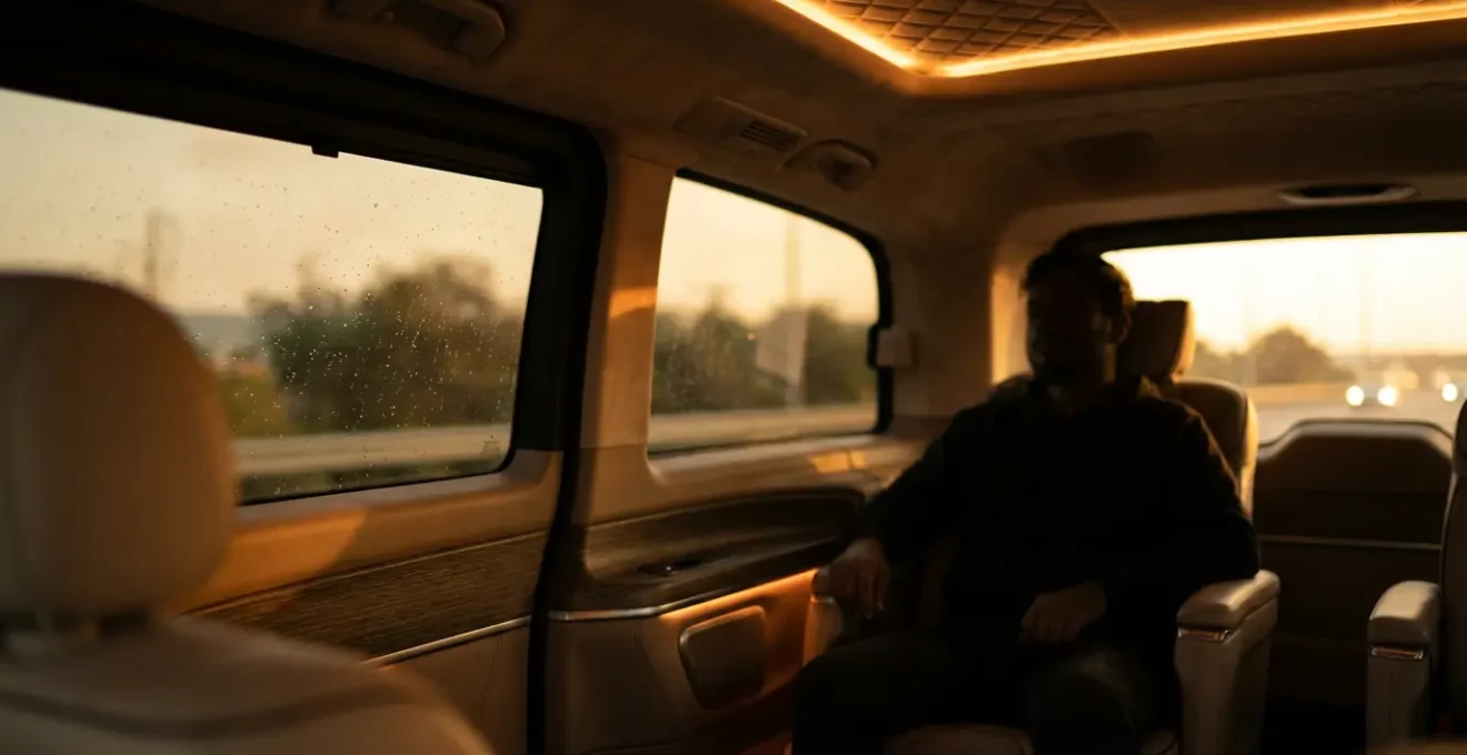 Éclairage d'ambiance tamisé dans l'habitacle d'un van de luxe avec jeux de lumières indirectes