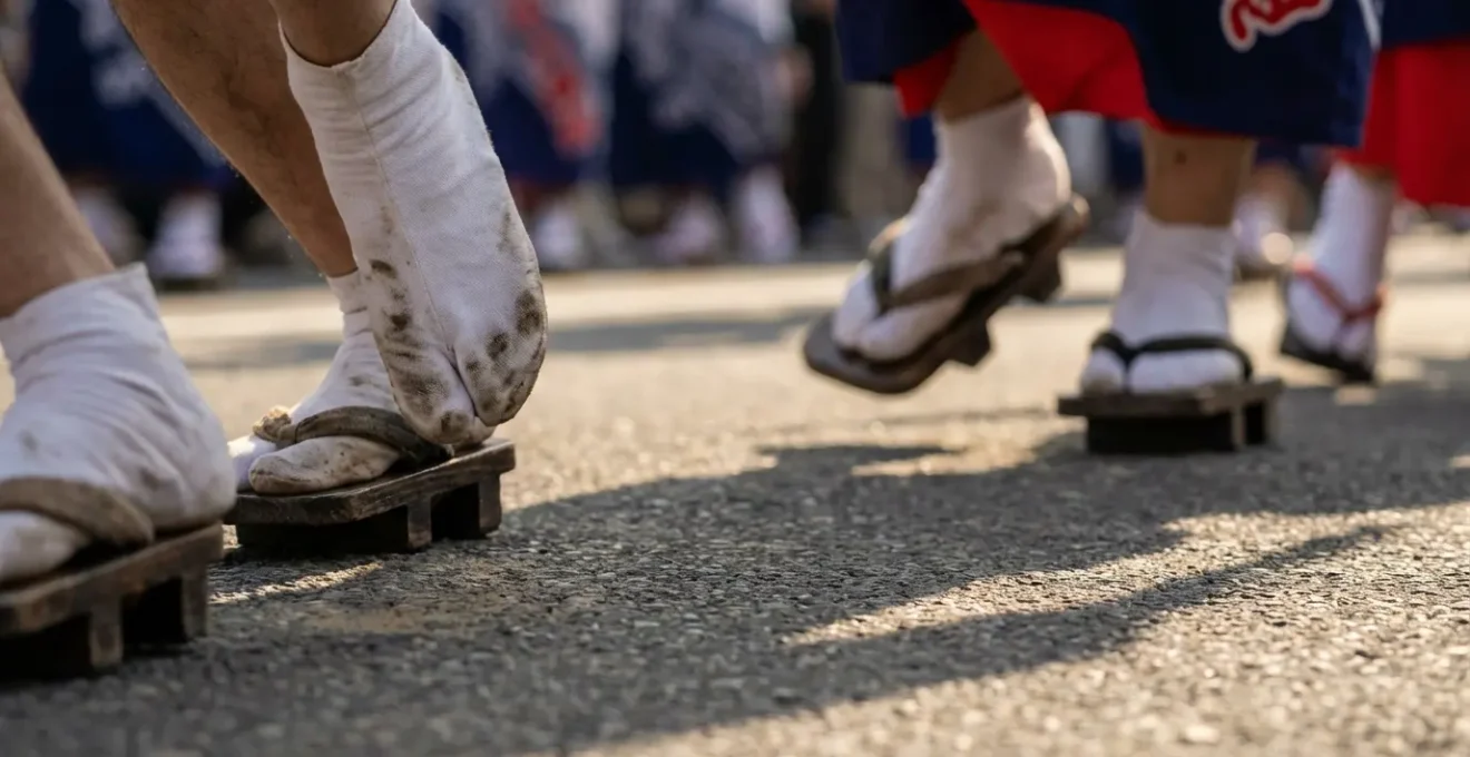 Vue macro sur les pieds de danseurs montrant les mouvements traditionnels de l'Awa Odori