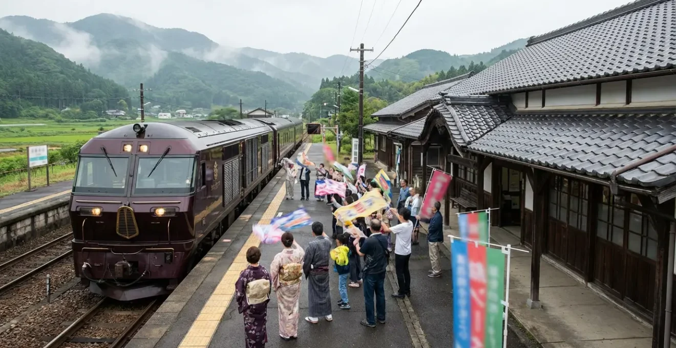 Foule accueillant chaleureusement un train de luxe dans une gare japonaise traditionnelle