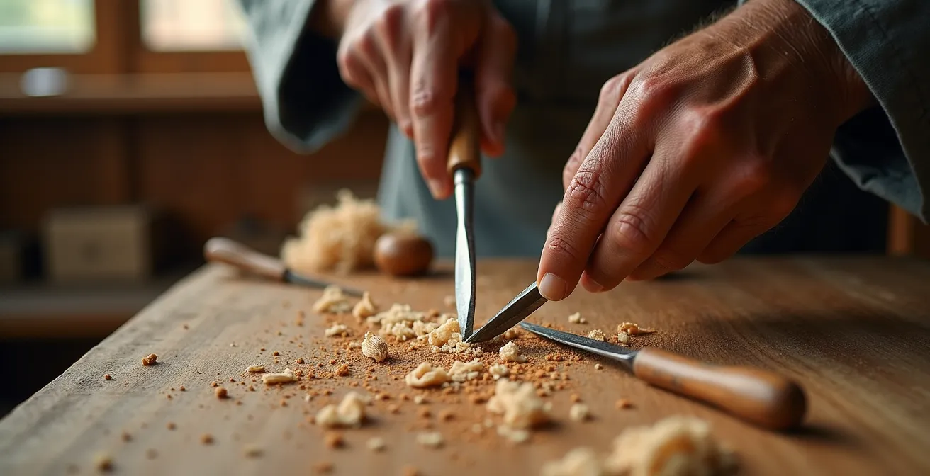Artisan japonais façonnant une poupée Kokeshi dans son atelier traditionnel du Tohoku