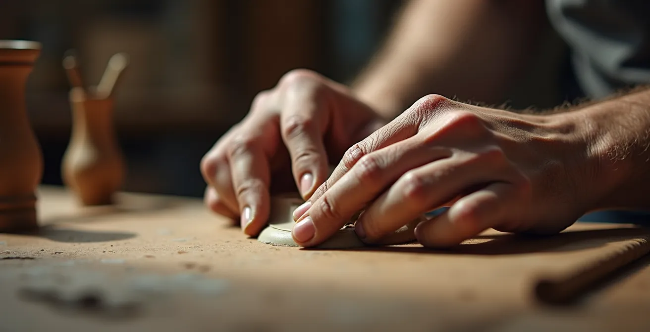 Gros plan sur les mains d'un artisan japonais travaillant une pièce de céramique précieuse