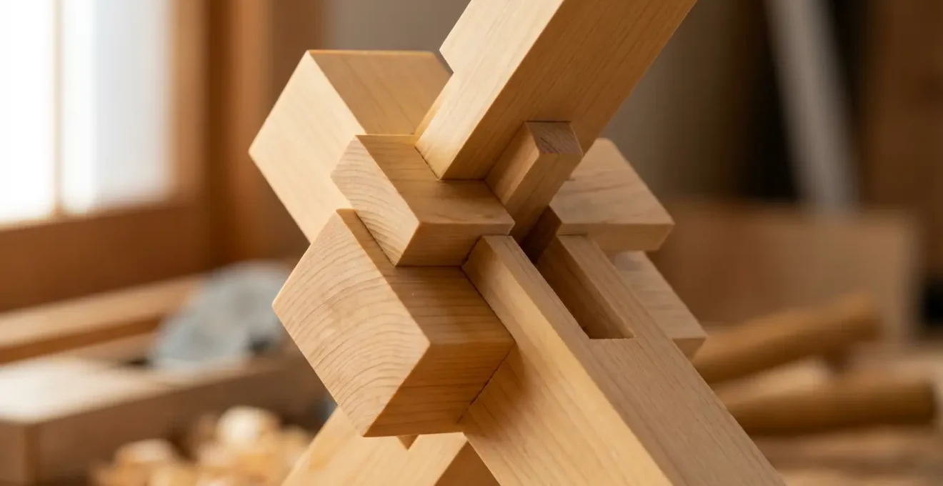 Détail macro d'un assemblage kigumi montrant l'emboîtement complexe du bois sans clou