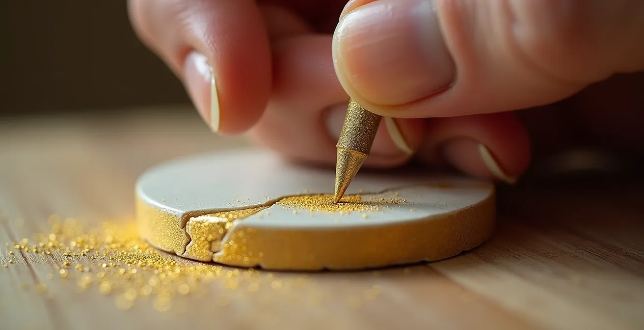 Vue rapprochée des mains d'un apprenti travaillant sur un bol cassé dans un atelier de Kintsugi traditionnel au Japon