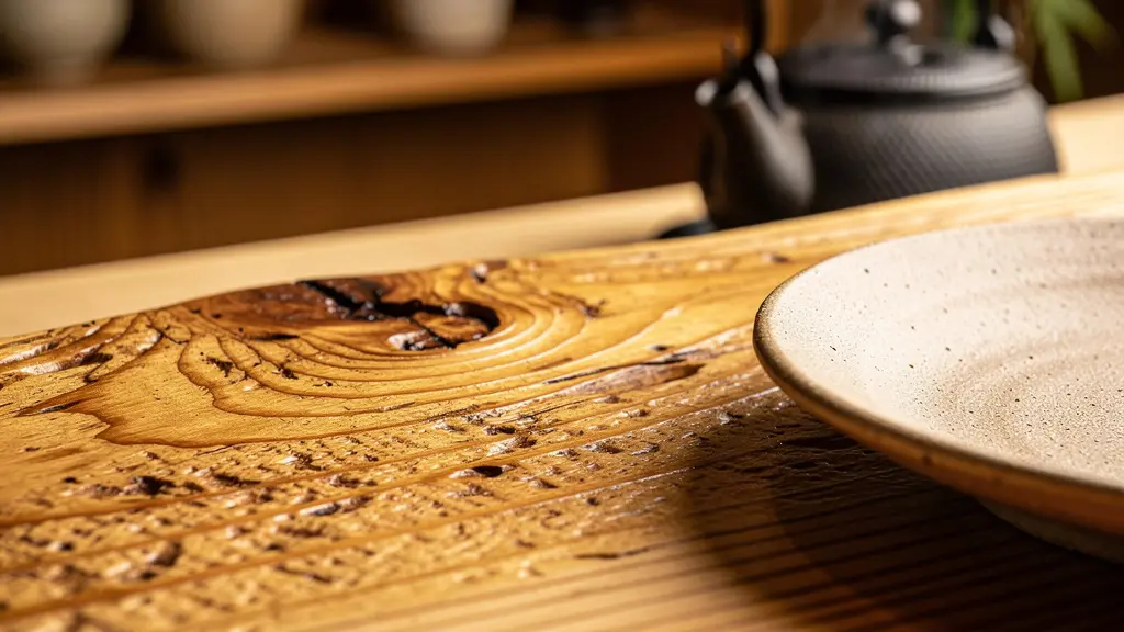 Intérieur minimaliste d'un restaurant de sushis avec comptoir en bois de cyprès hinoki et atmosphère épurée