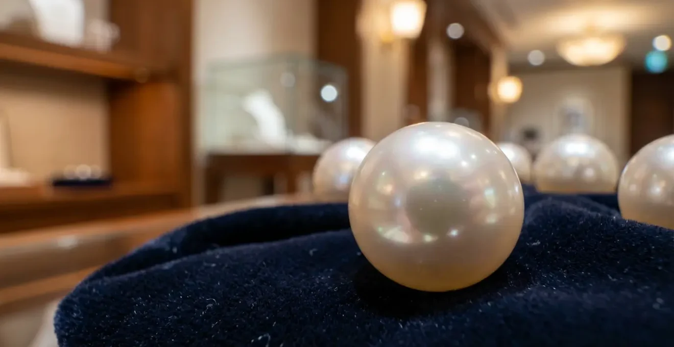 Intérieur épuré d'une boutique de perles haut de gamme à Ginza avec vitrines illuminées