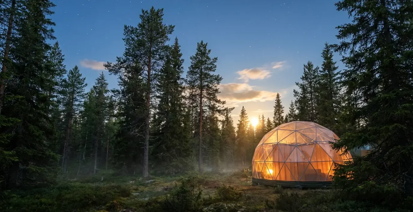 Couple dans une bulle transparente sous un ciel étoilé avec vue panoramique sur la nature environnante