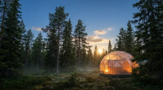 Couple dans une bulle transparente sous un ciel étoilé avec vue panoramique sur la nature environnante