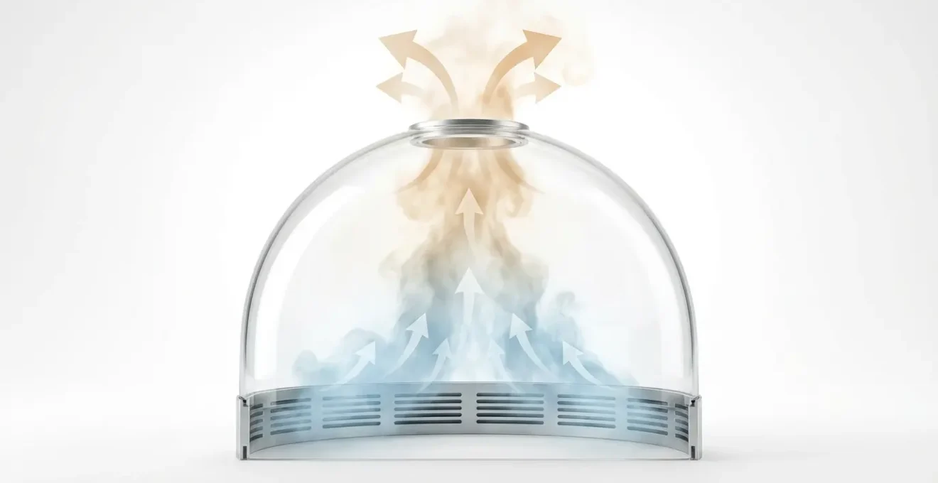 Coupe technique d'une bulle montrant le flux d'air avec aérations basses et hautes créant une cheminée thermique