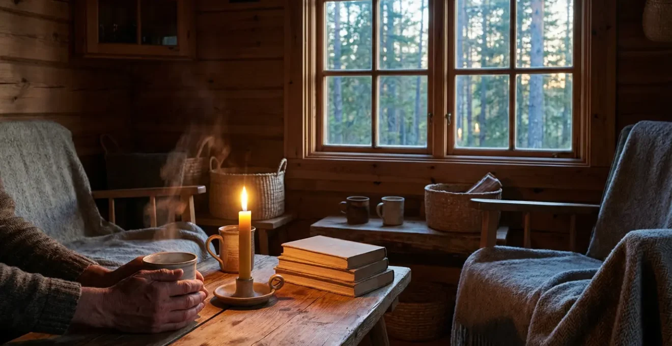 Intérieur chaleureux d'une cabane en bois avec vue sur la forêt, éclairage aux bougies et livres posés sur une table