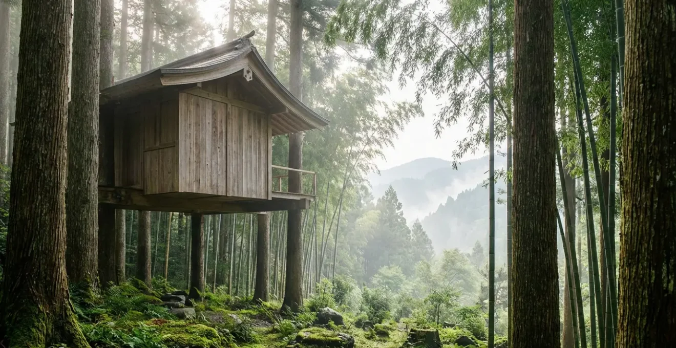 Cabane écologique perchée dans une forêt de bambous japonaise avec vue sur mont