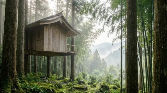 Cabane écologique perchée dans une forêt de bambous japonaise avec vue sur mont
