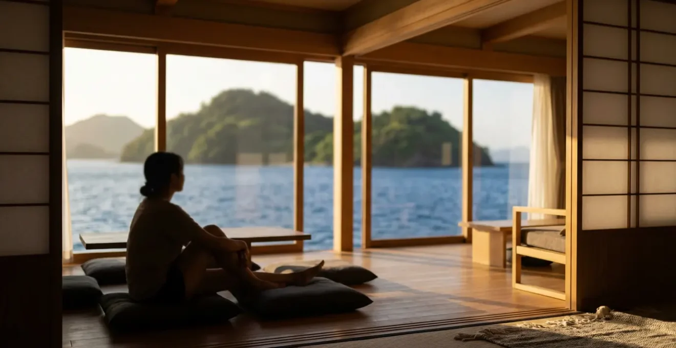 Intérieur d'une cabine de luxe avec vue sur la mer à travers de grandes baies vitrées