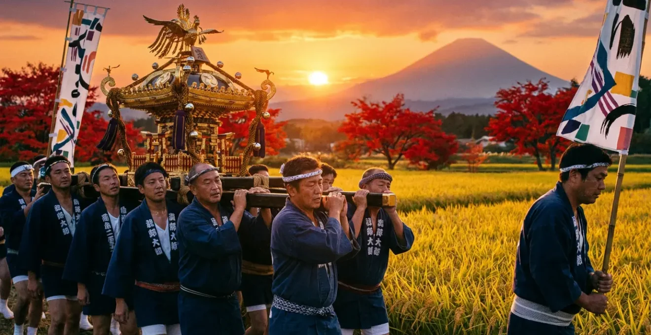 Festivals traditionnels japonais avec porteurs de mikoshi, lanternes et défilés colorés selon les saisons