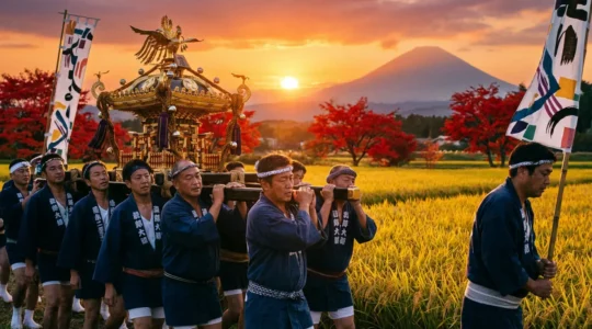 Festivals traditionnels japonais avec porteurs de mikoshi, lanternes et défilés colorés selon les saisons