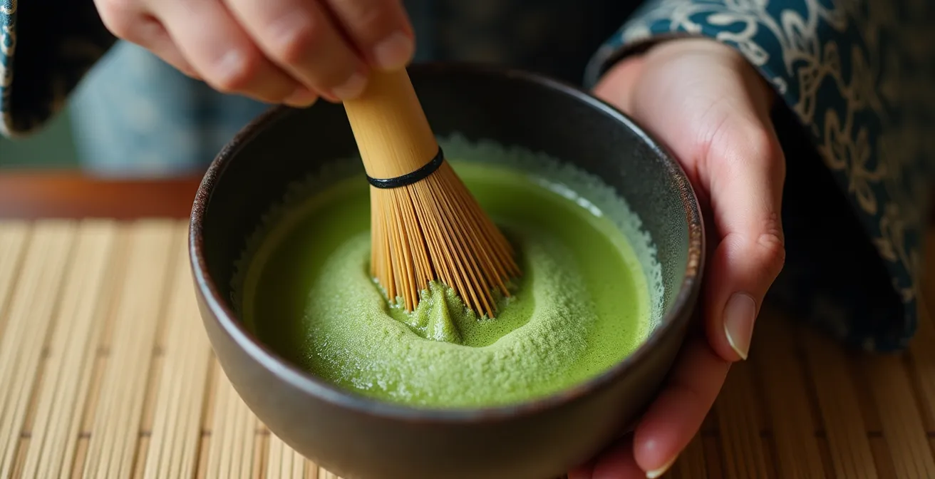 Gros plan sur des mains en kimono préparant le thé matcha lors d'une cérémonie traditionnelle