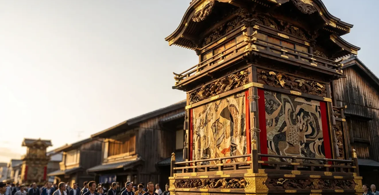 Char décoré traditionnel japonais lors d'une procession historique avec détails dorés et tapisseries