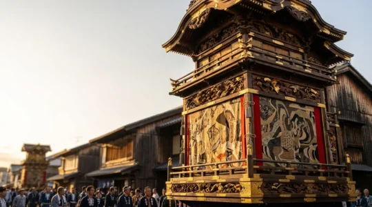Char décoré traditionnel japonais lors d'une procession historique avec détails dorés et tapisseries