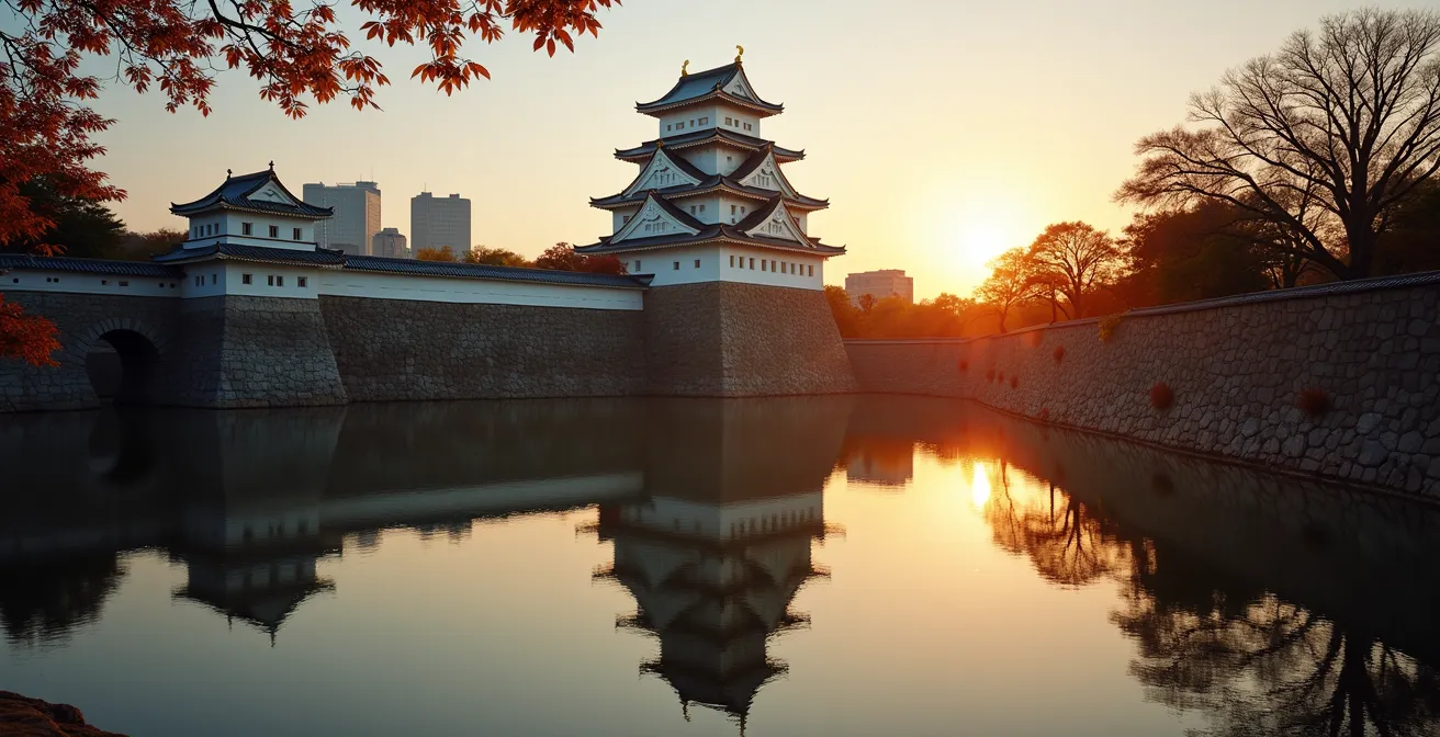 Château d'Osaka se reflétant dans les douves pendant l'heure dorée