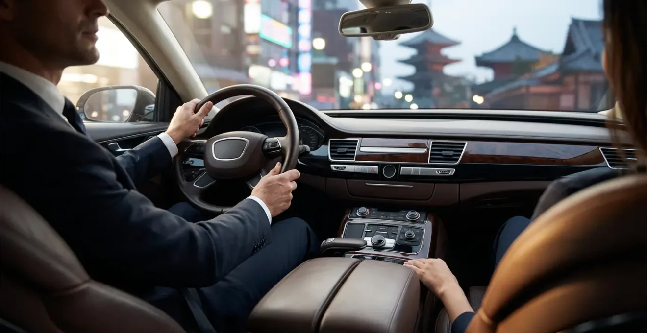 Vue intérieure luxueuse d'une voiture haut de gamme avec chauffeur professionnel et paysage urbain asiatique