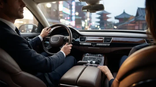Vue intérieure luxueuse d'une voiture haut de gamme avec chauffeur professionnel et paysage urbain asiatique