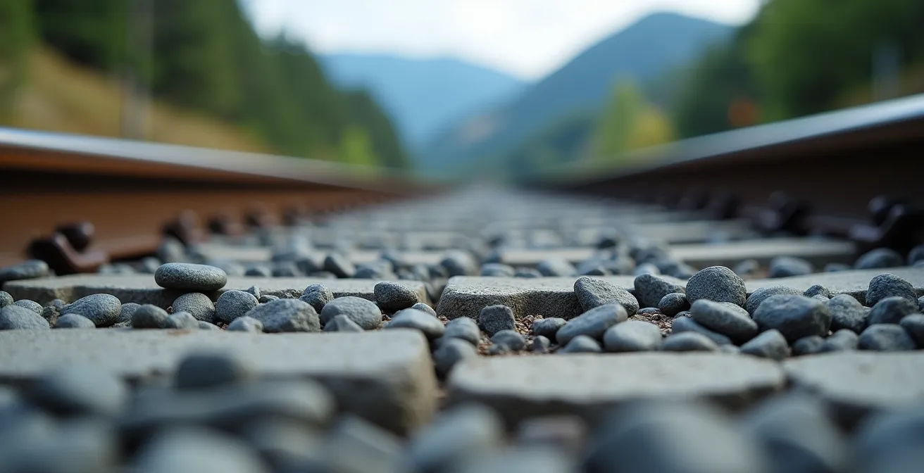 Vue aérienne des Alpes japonaises montrant routes sinueuses et voies ferrées traversant les montagnes