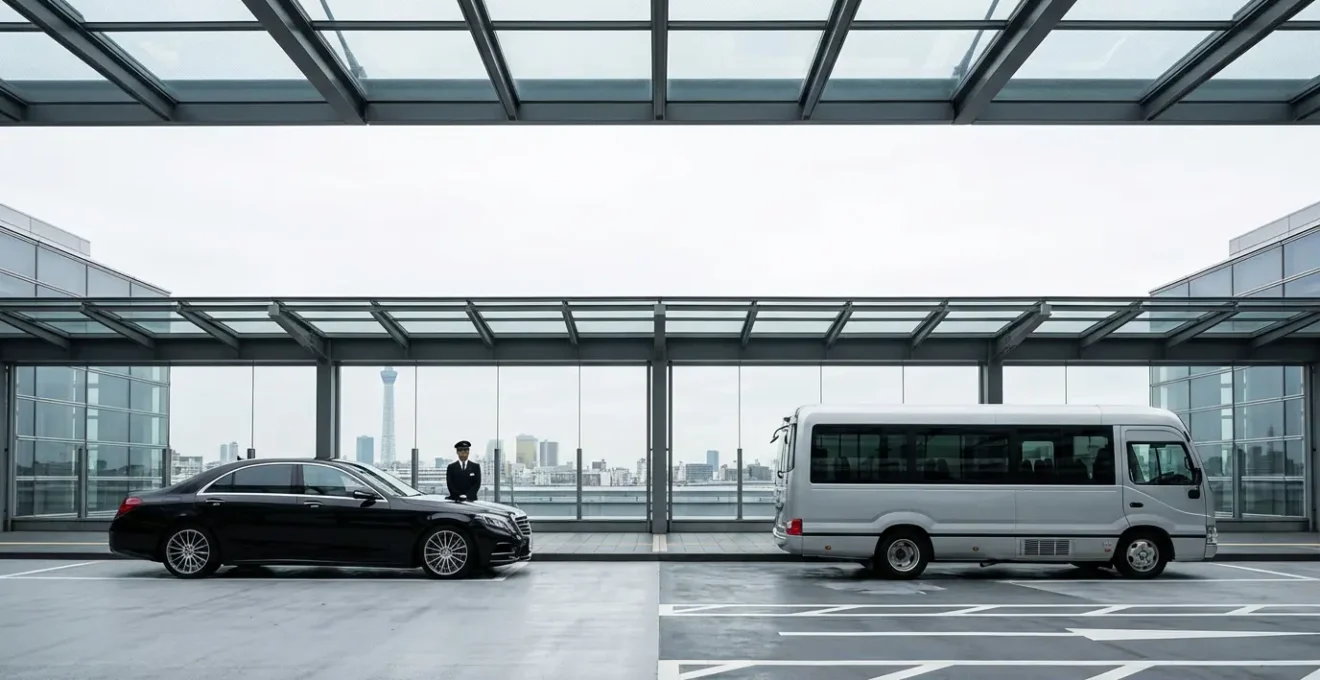 Berline de luxe avec chauffeur et minibus navette côte à côte devant l'aéroport de Tokyo