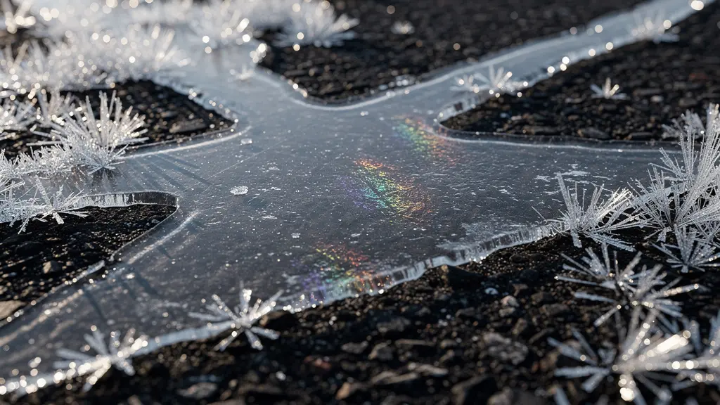 Détail macro de la texture de glace noire sur route avec reflets subtils