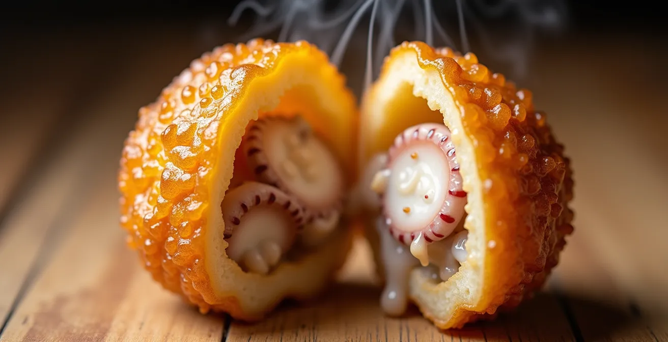 Vue en coupe d'un takoyaki montrant la texture crémeuse caractéristique à l'intérieur