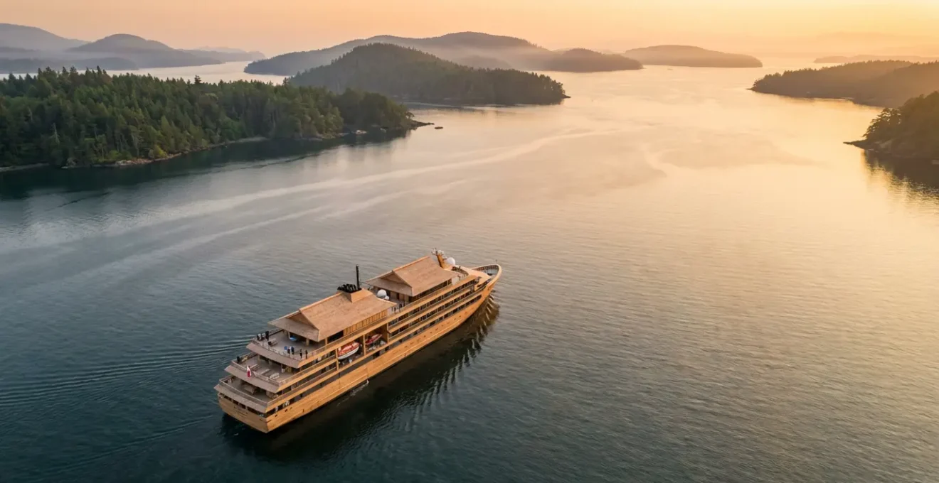 Vue panoramique d'un navire de croisière intime japonais naviguant dans la mer intérieure de Seto avec les îles au loin