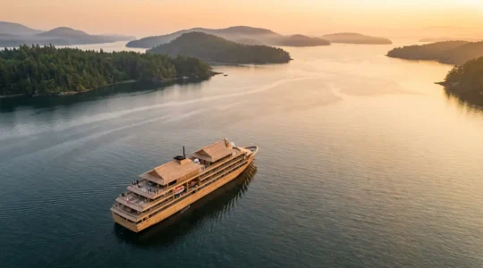 Vue panoramique d'un navire de croisière intime japonais naviguant dans la mer intérieure de Seto avec les îles au loin
