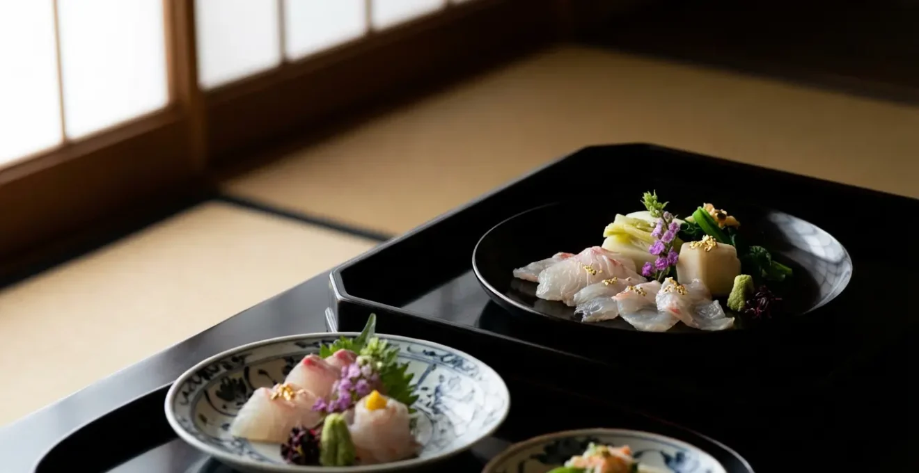 Service de dîner kaiseki traditionnel disposé dans une chambre de ryokan avec vue sur jardin zen