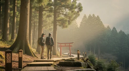 Randonneurs contemplant un paysage montagneux japonais avec torii shinto intégré harmonieusement dans la nature