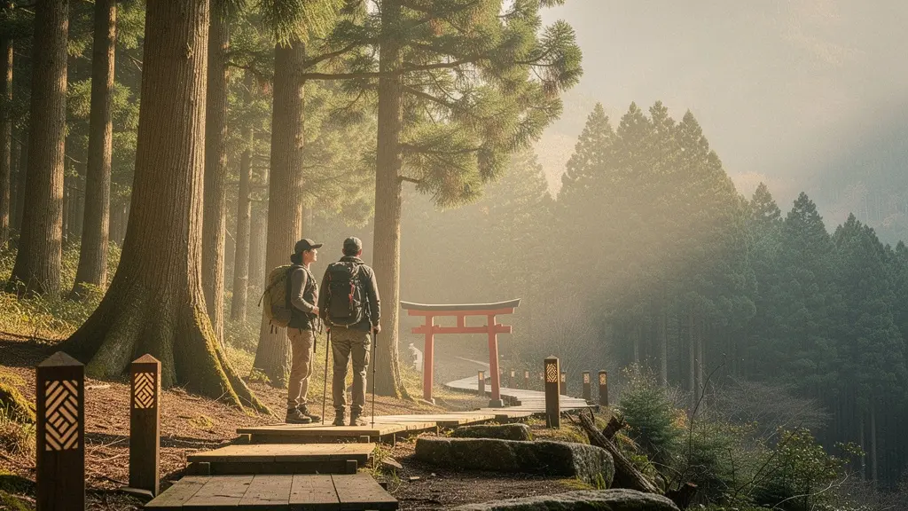 Randonneurs contemplant un paysage montagneux japonais avec torii shinto intégré harmonieusement dans la nature