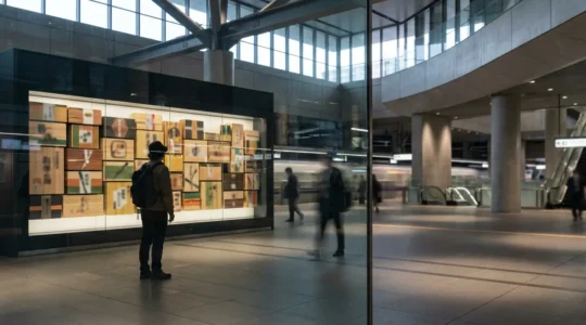 Voyageur contemplant l'art des ekiben colorés dans une gare japonaise moderne