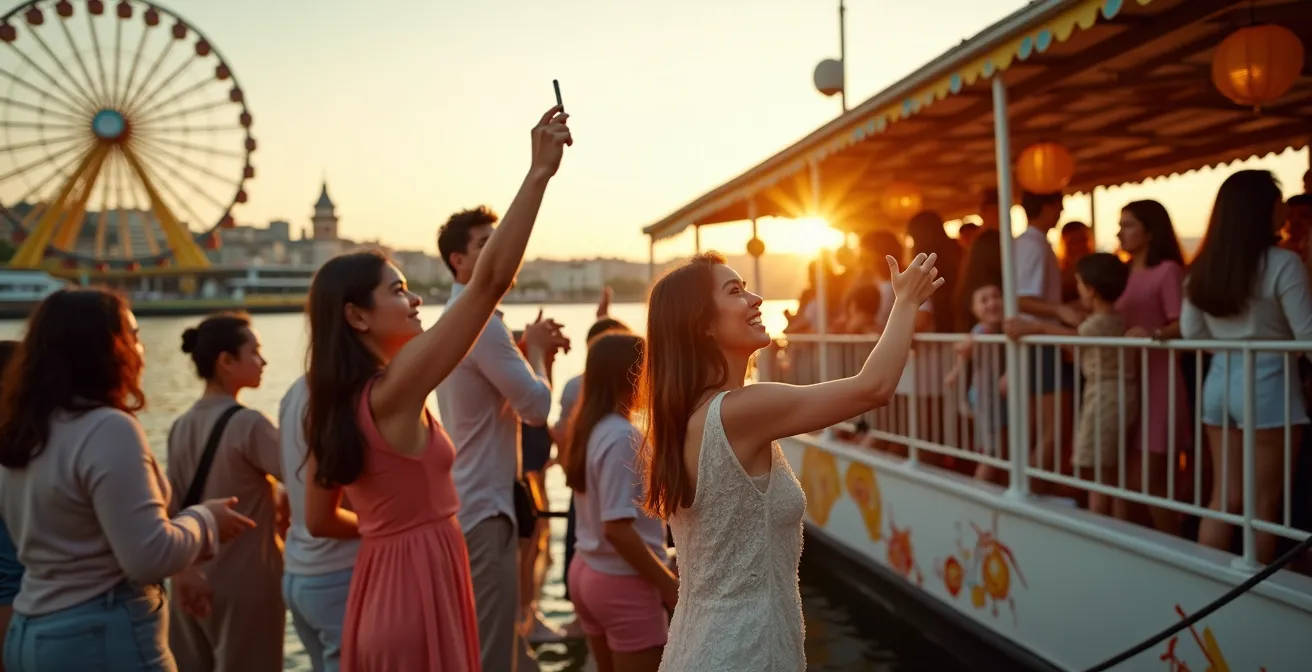 Embarcadère de nuit avec bateaux plats illuminés et grande roue jaune en arrière-plan