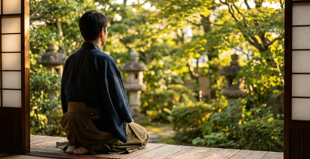 Engawa d'une kominka baigné de lumière naturelle filtrée