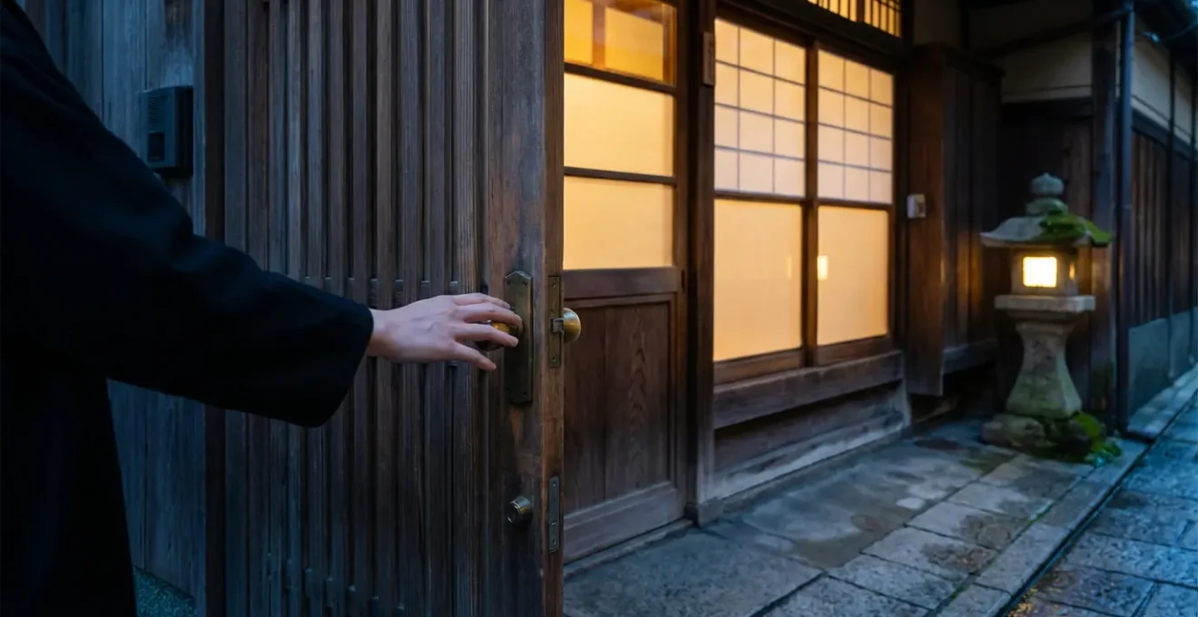 Entrée éclairée d'une machiya la nuit avec lanterne traditionnelle en papier