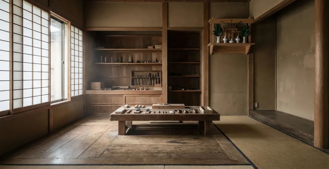 Vue environnementale d'un atelier d'artisan japonais montrant l'organisation sacrée de l'espace