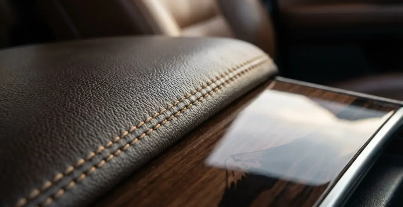 Vue macro sur détail intérieur cuir de voiture de luxe avec reflet du Mont Fuji