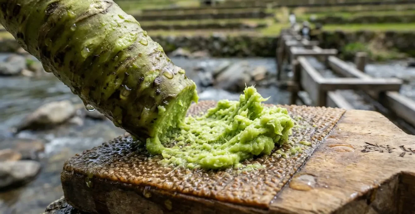 Terrasses de culture de wasabi dans les montagnes avec système d'irrigation traditionnel en cascade