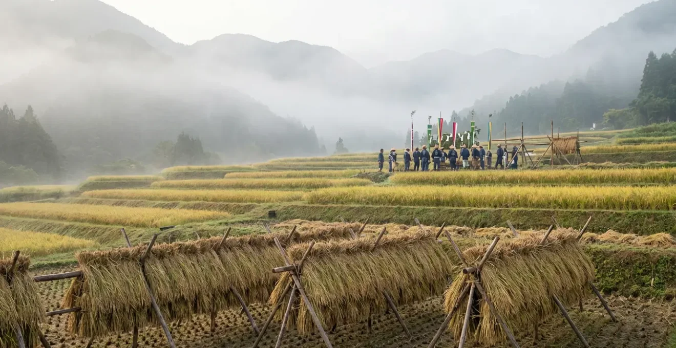 Célébration automnale dans les rizières dorées avec villageois en habits traditionnels