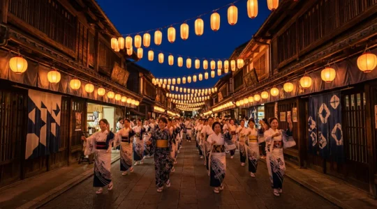 Scène de rue nocturne vibrante du festival Awa Odori avec danseurs en yukata et spectateurs