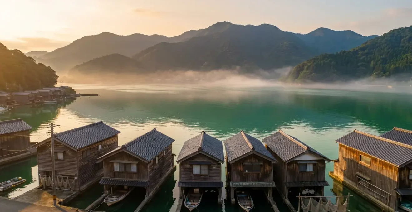 Vue panoramique des maisons Funaya sur pilotis bordant la baie d'Ine au lever du soleil