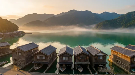 Vue panoramique des maisons Funaya sur pilotis bordant la baie d'Ine au lever du soleil
