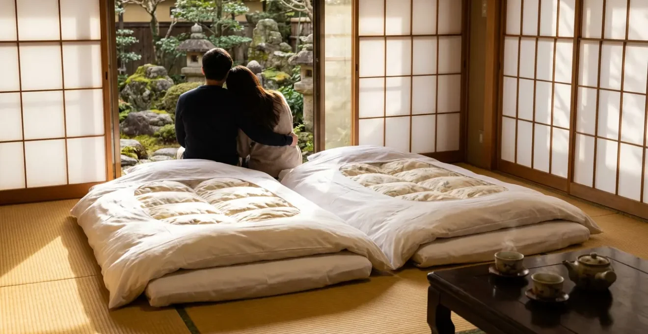 Deux futons disposés côte à côte sur tatami dans une chambre de ryokan avec vue jardin