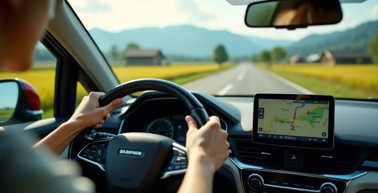 Tableau de bord de voiture montrant système de navigation GPS avec carte du Japon et paysage rural en arrière-plan