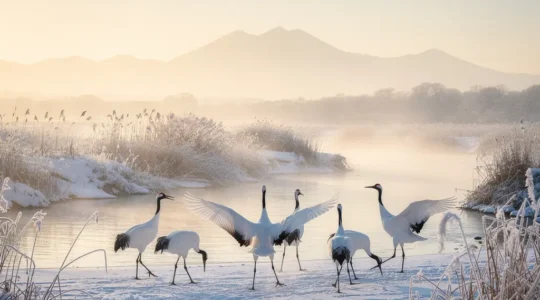 Grues à couronne rouge dansant dans les marais enneigés de Kushiro à Hokkaido en février