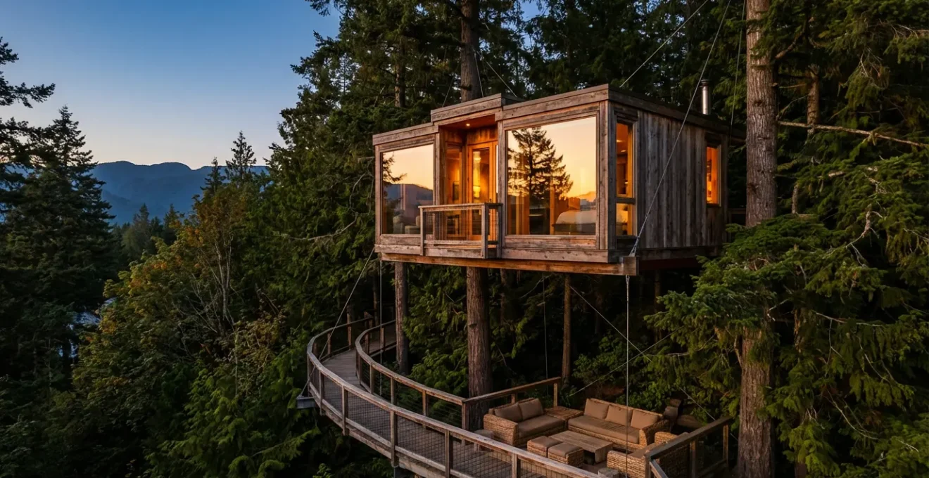 Vue panoramique d'une cabane suspendue dans la forêt avec terrasse en bois donnant sur un paysage naturel au coucher du soleil