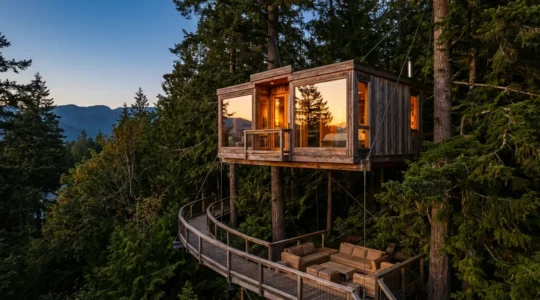 Vue panoramique d'une cabane suspendue dans la forêt avec terrasse en bois donnant sur un paysage naturel au coucher du soleil